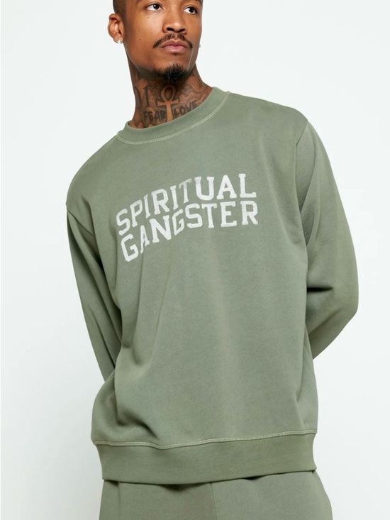 Spiritual Gangster Other - Spiritual Gangster Olive Crewneck Sweatshirt with White Logo